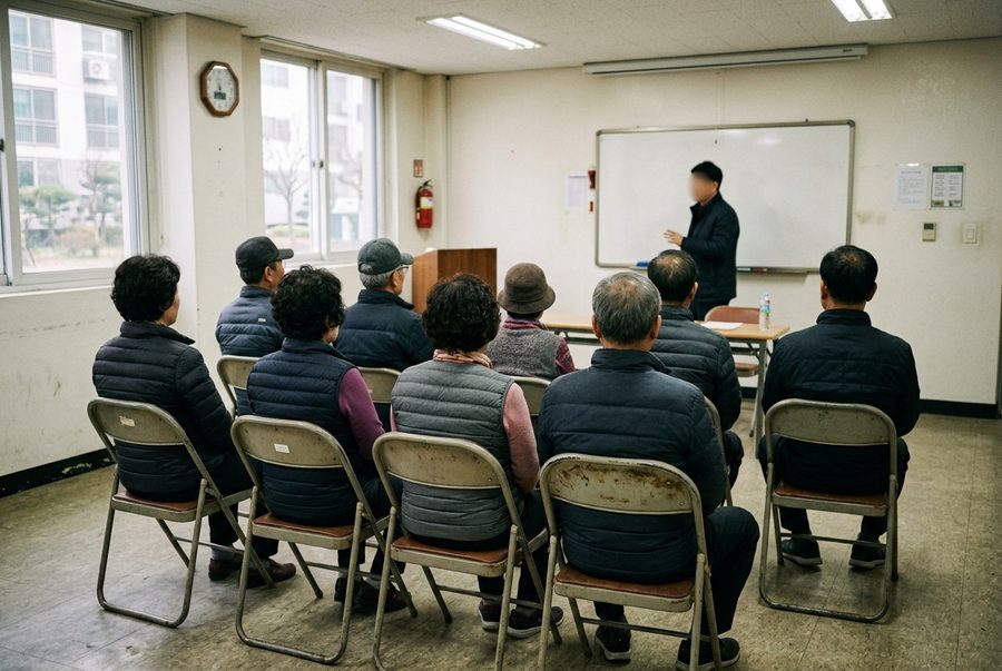 아파트 단지 회의실에 모인 입주민들 — 연출 이미지