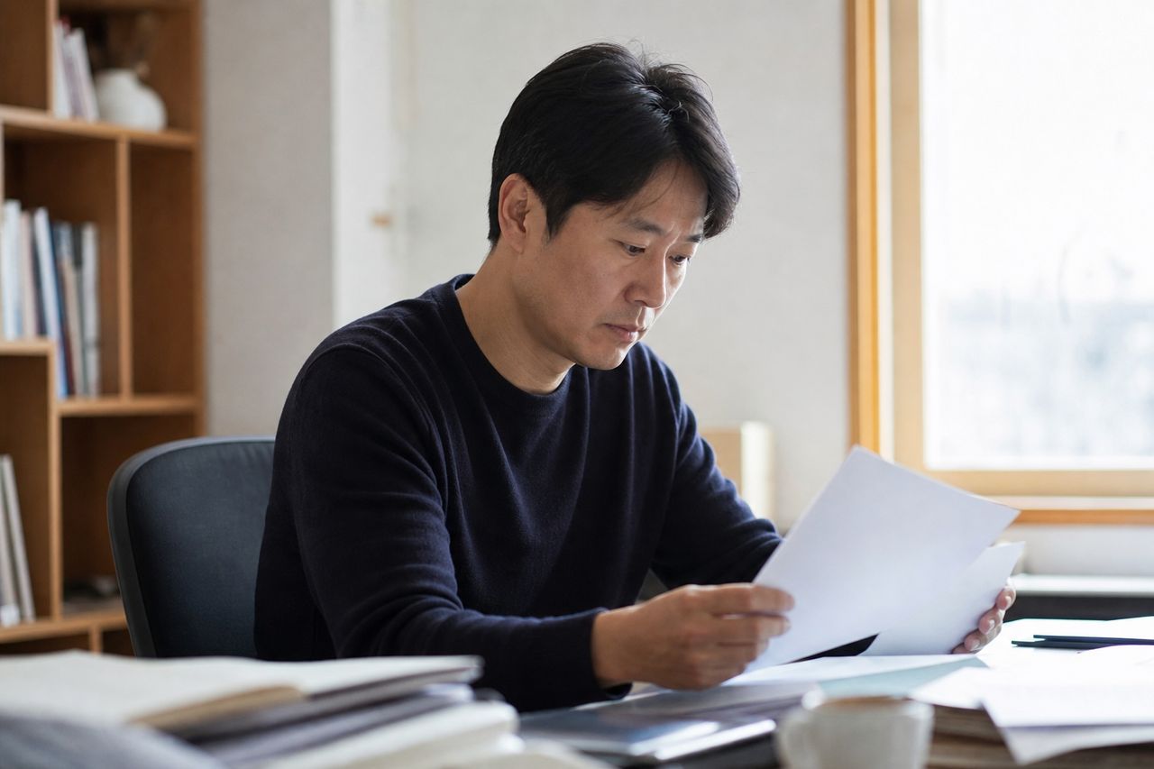 리모델링 매도청구 소장 별지, 등기부의 지분·면적과 대조하기 관련 상황을 보여주는 이미지 — 서류를 검토하는 모습