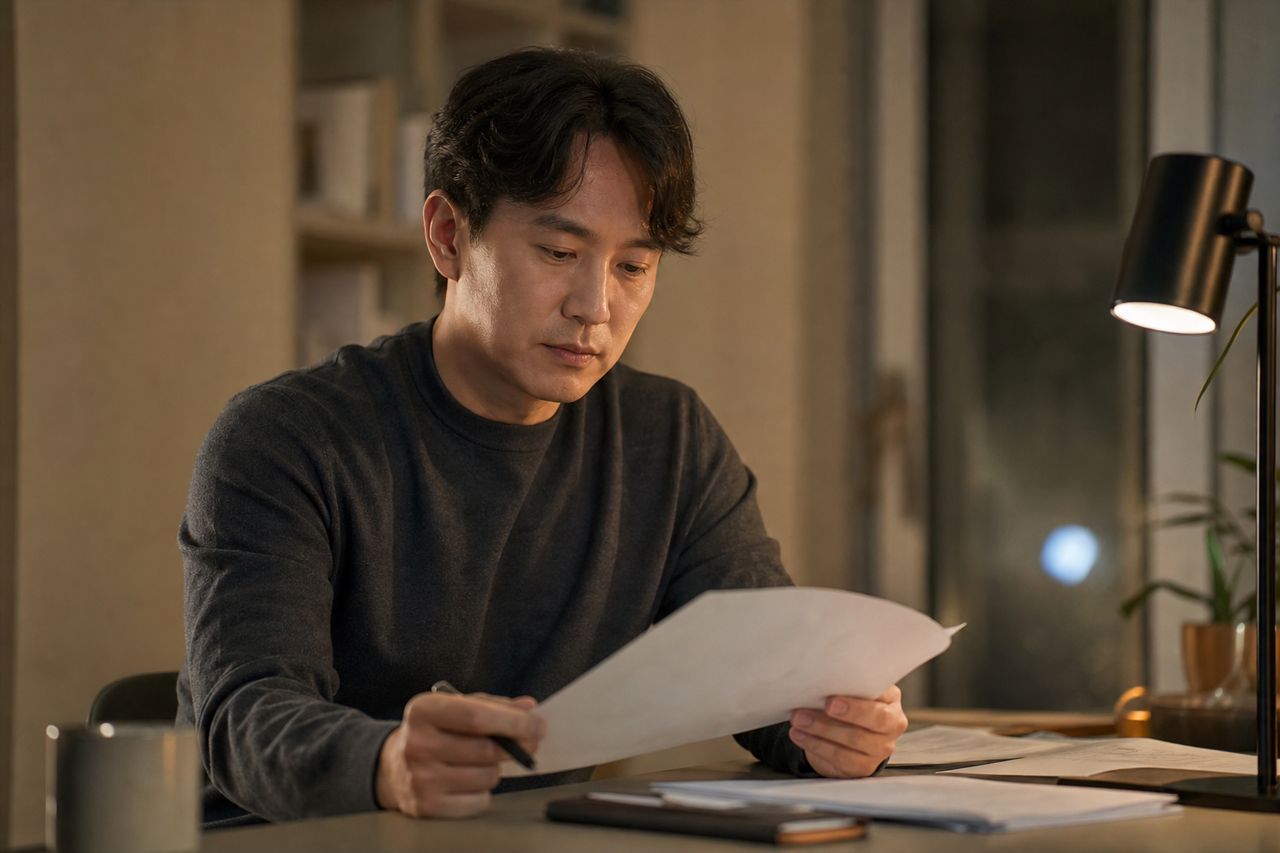 리모델링 분담금 안내서에서 사업비와 배분기준을 읽는 법 관련 상황을 보여주는 이미지 — 서류를 검토하는 모습