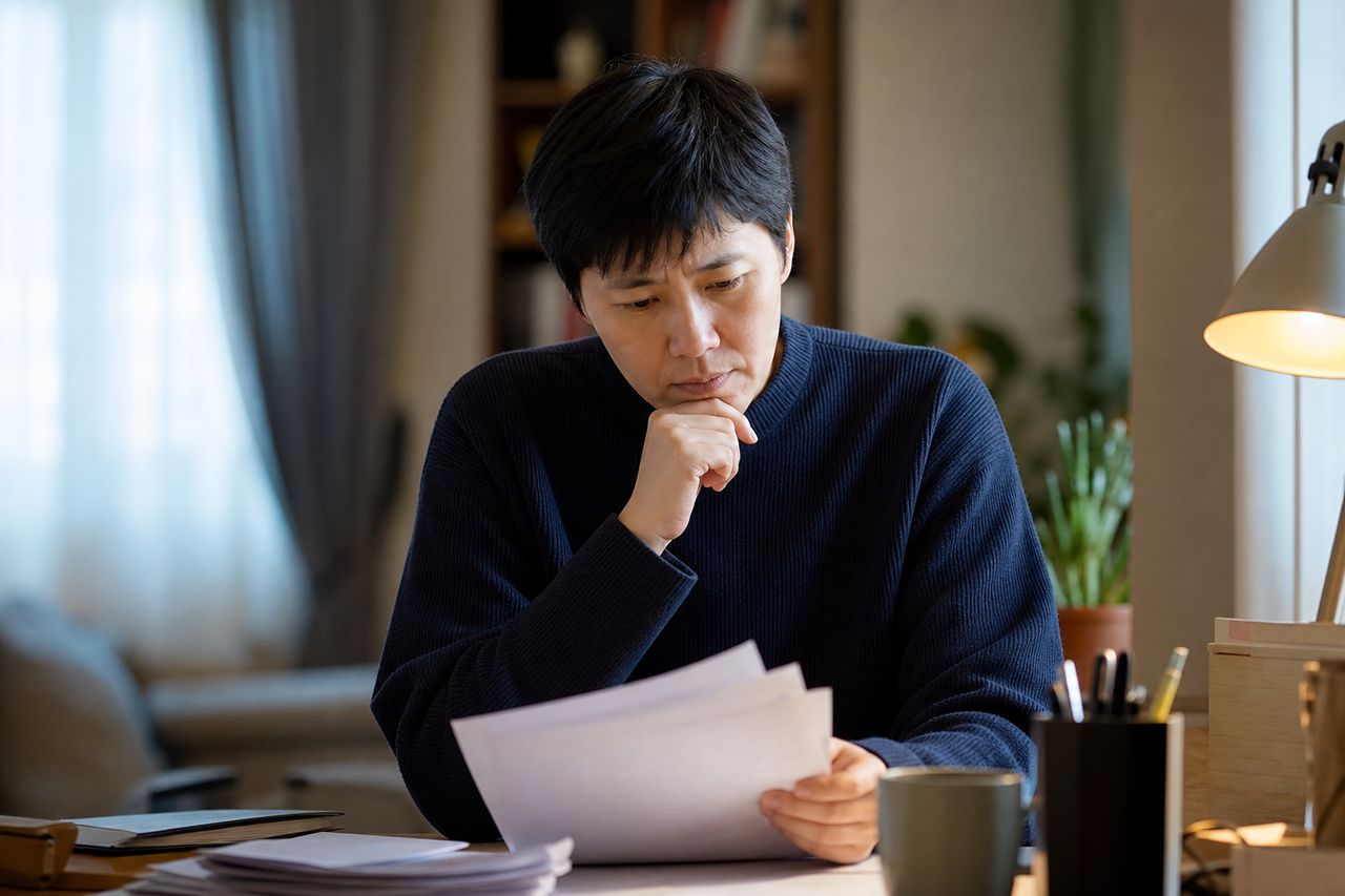 리모델링 조합의 매매제안서, 금액 외에 확인할 조건 관련 상황을 보여주는 이미지 — 서류를 검토하는 모습